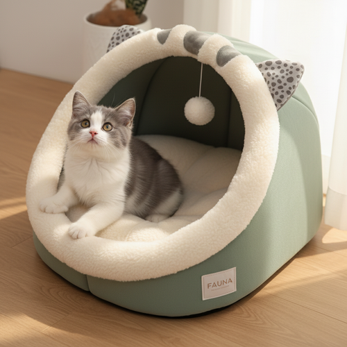 Cat sitting inside deep sleep bed on wooden floor