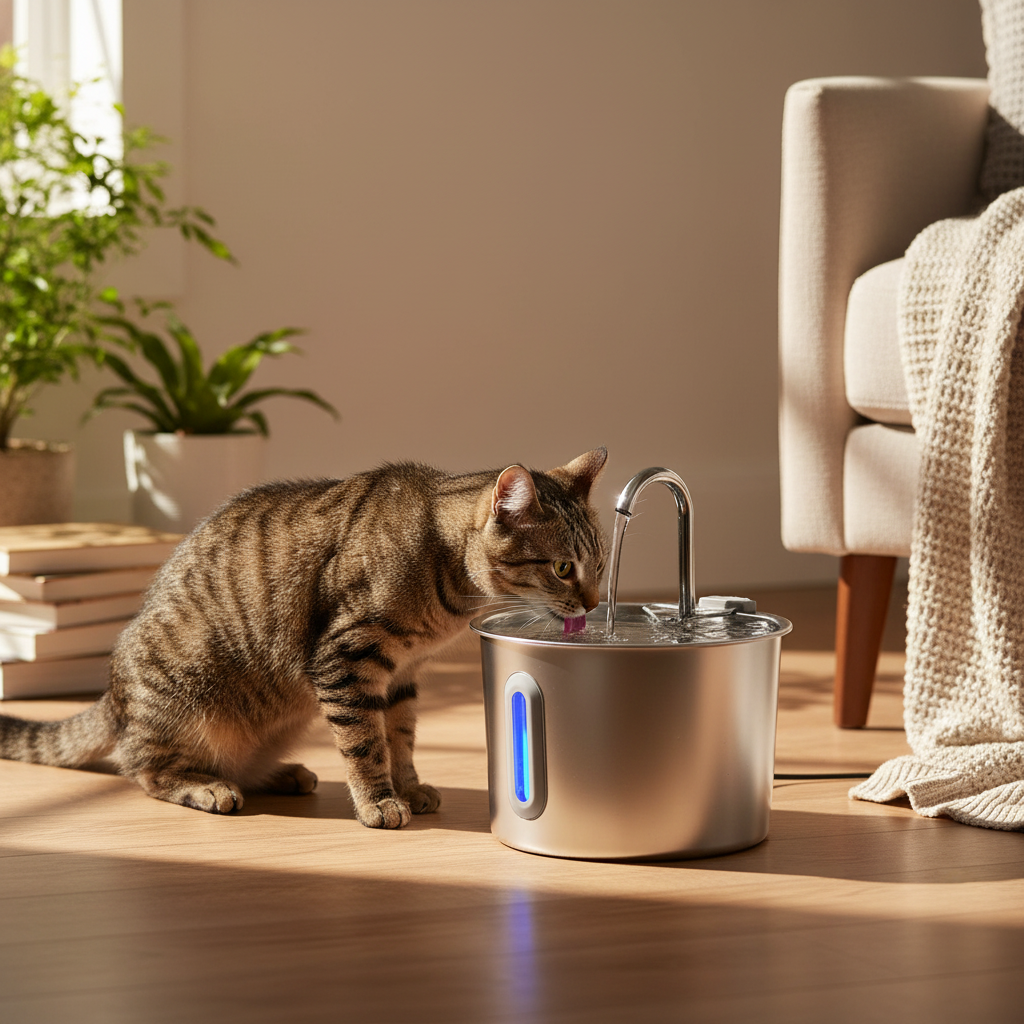 Drinking Fountain for Cats - lifestyle shot with cat