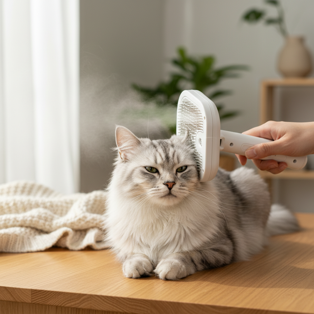 Cat being groomed with mist spray comb looking relaxed