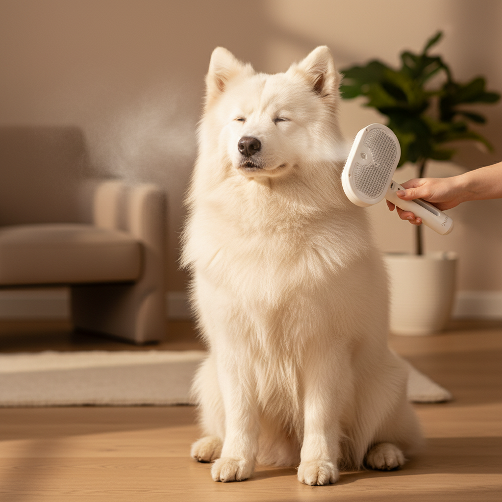 Dog being groomed with mist spray comb on wooden floor