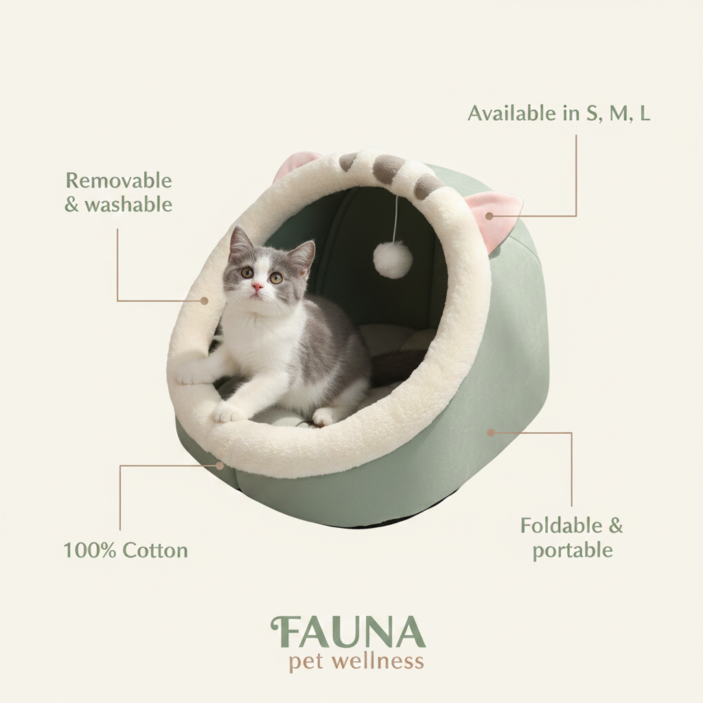 Deep sleep cat bed infographic - sizes, cotton, washable, foldable
