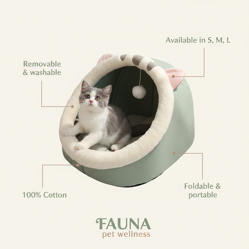 Deep sleep cat bed infographic - sizes, cotton, washable, foldable