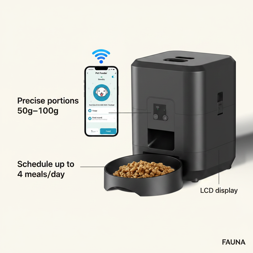 Smart pet feeder feature callouts - portions, schedule, LCD display