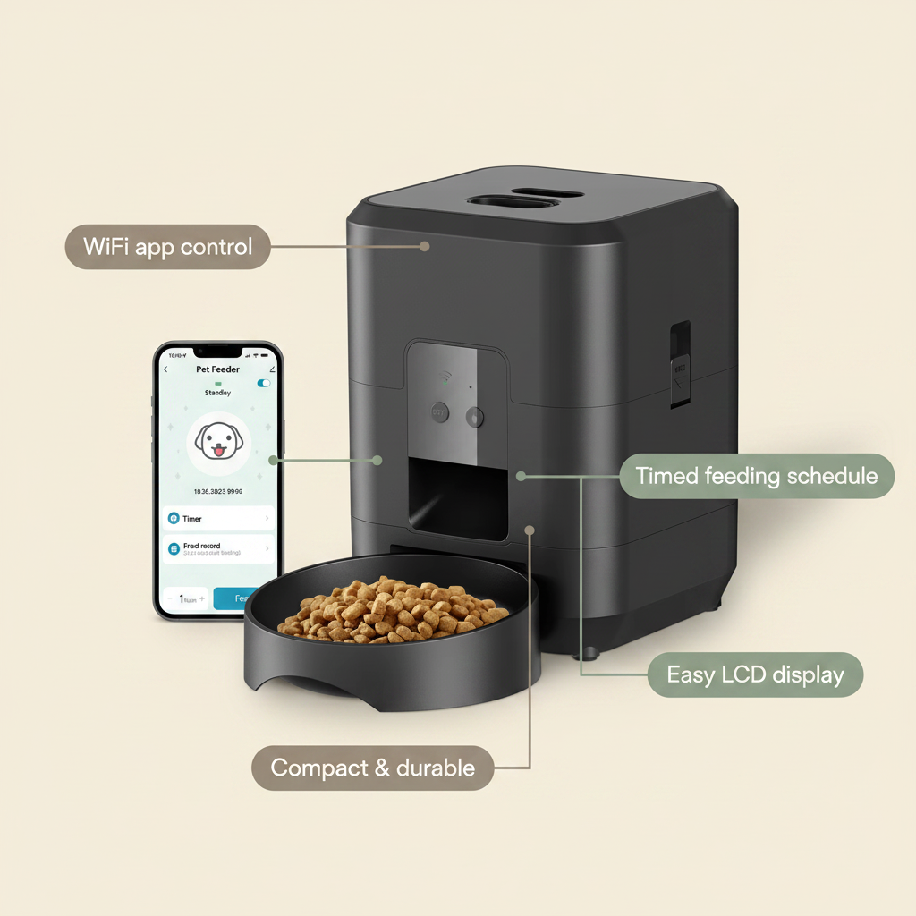 Smart pet feeder infographic - WiFi, timed schedule, LCD, durable