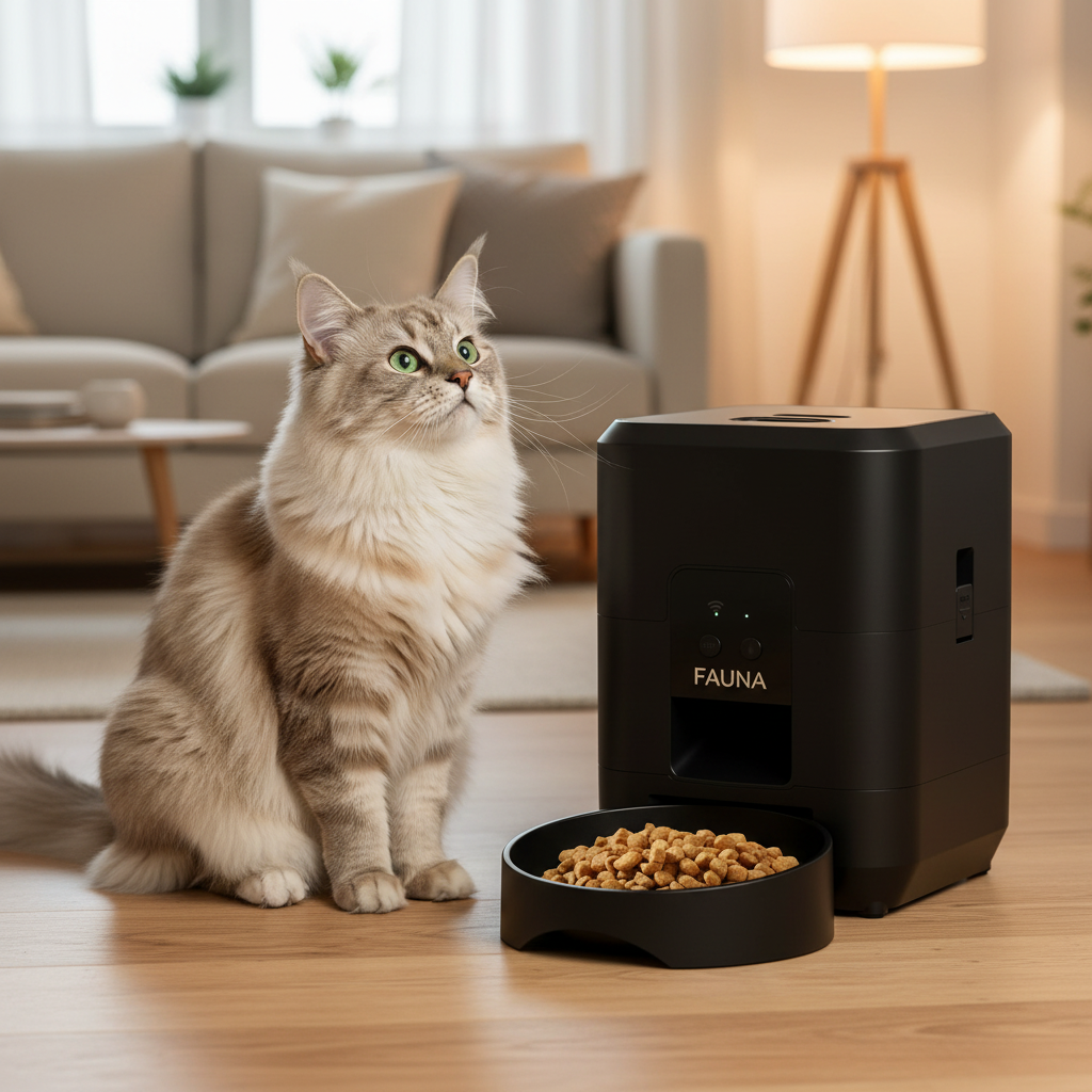 Cat sitting beside smart pet feeder lifestyle shot