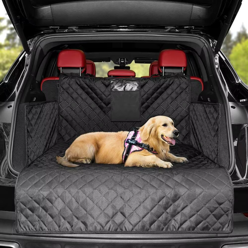 Dog Car Seat Cover - golden retriever lying on black cover in SUV boot